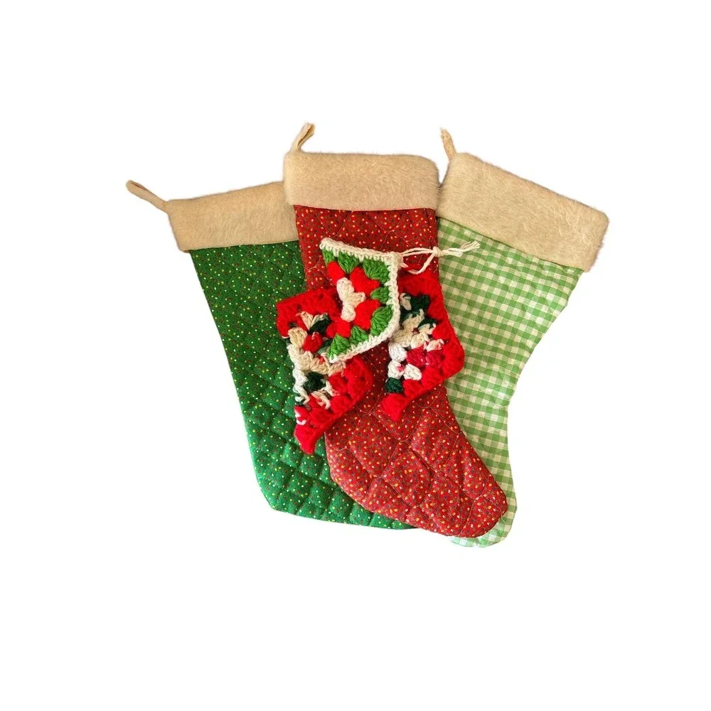 Vintage Quilted Christmas Stockings Set of 3 Faux Fur Trim Crochet Minis Holiday